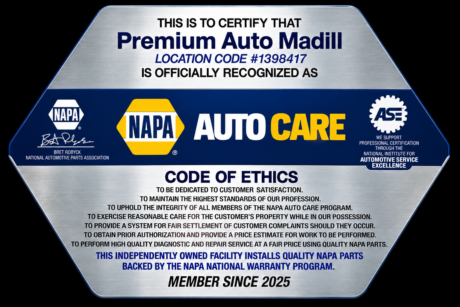 Napa Auto Care certification — Premium Auto Madill, Oklahoma